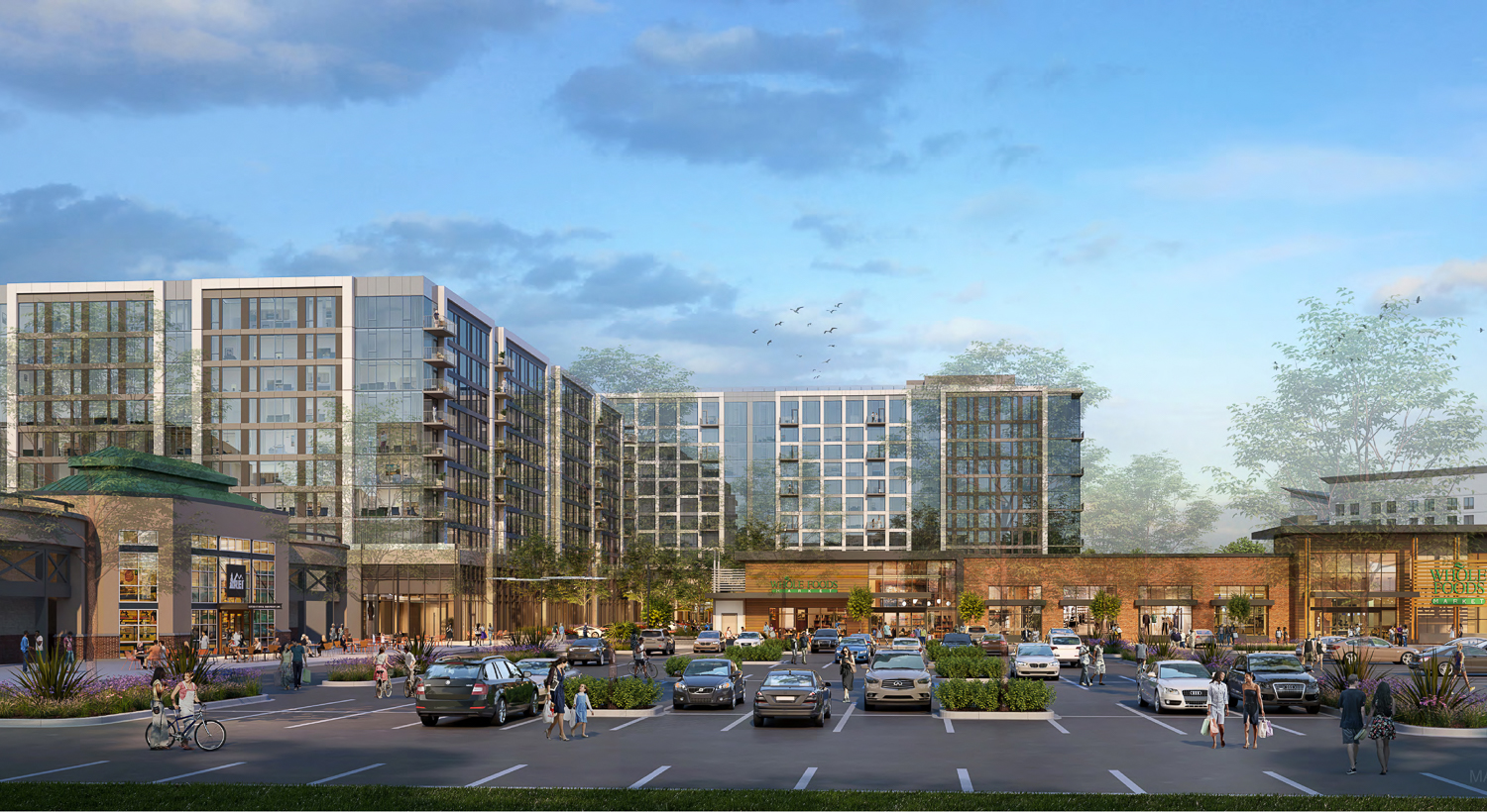 El Paseo redevelopment seen from the El Paseo shopping center surface parking lot, rendering by Solomon Cordwell Buenz