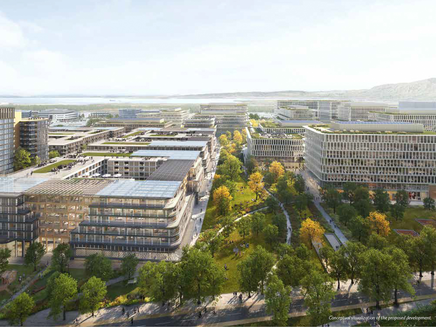 Mission Point aerial view of the public open space, rendering by Gensler