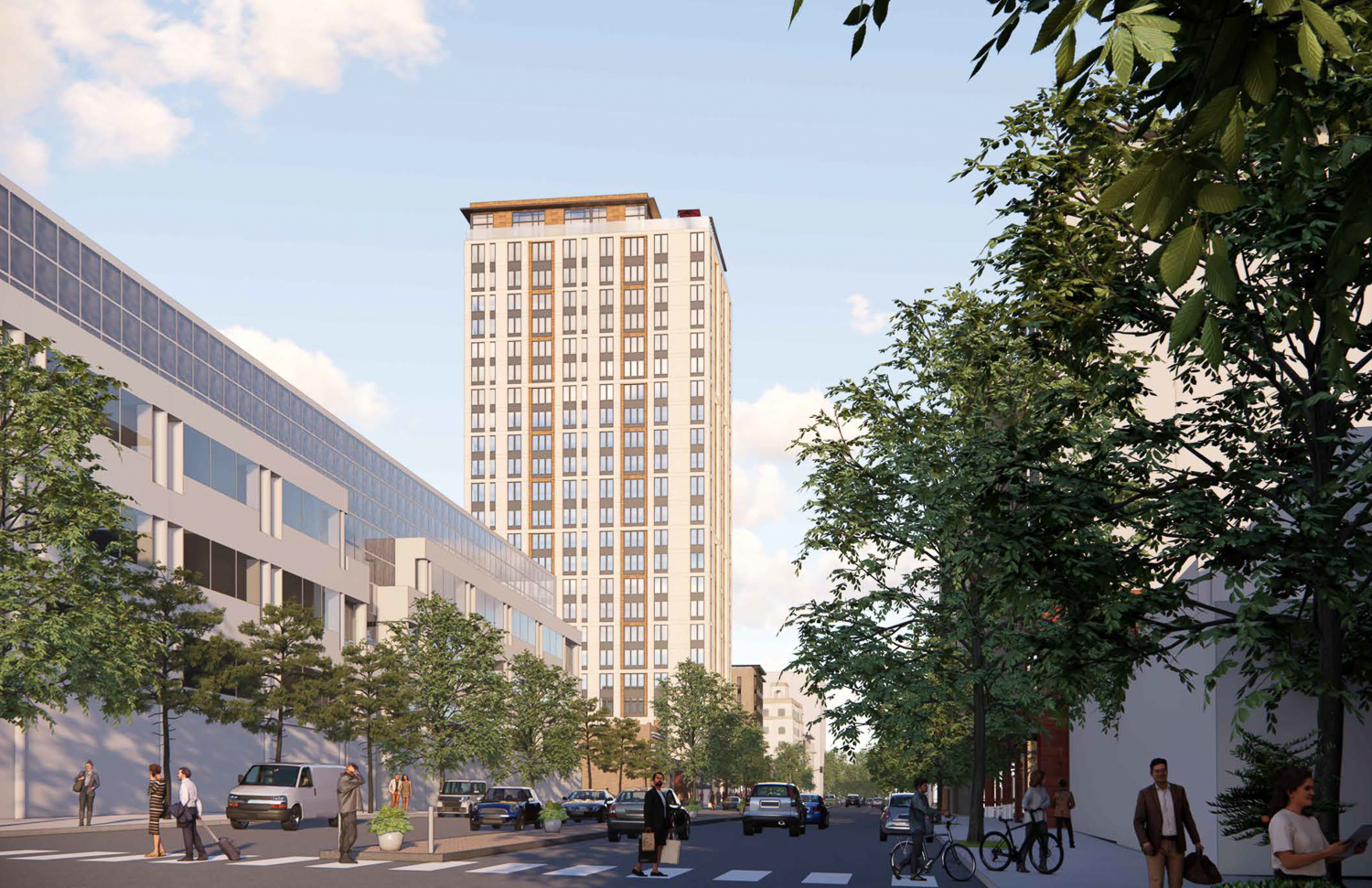 2029 University Avenue apartments seen from across Milvia Street, rendering by SDT Architects