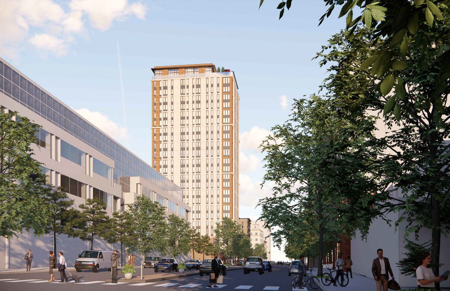 2029 University Avenue student housing seen from across Milvia Street, rendering by SDT Architects