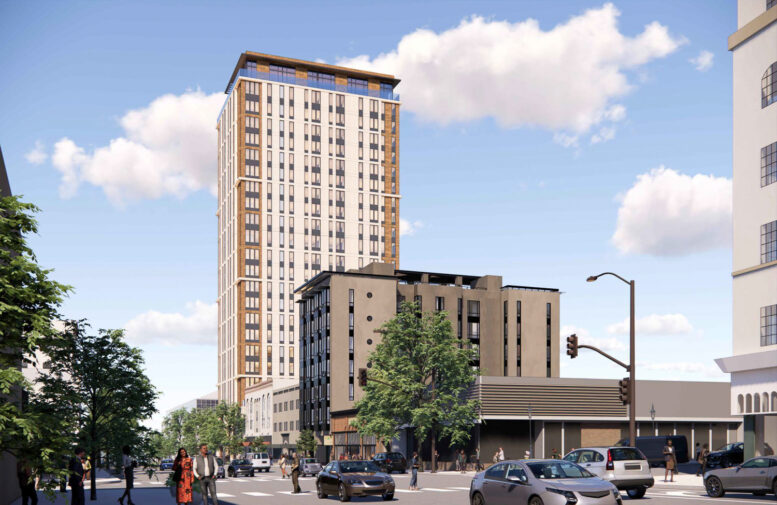 2029 University Avenue student housing seen from across Shattuck Avenue, rendering by SDT Architects