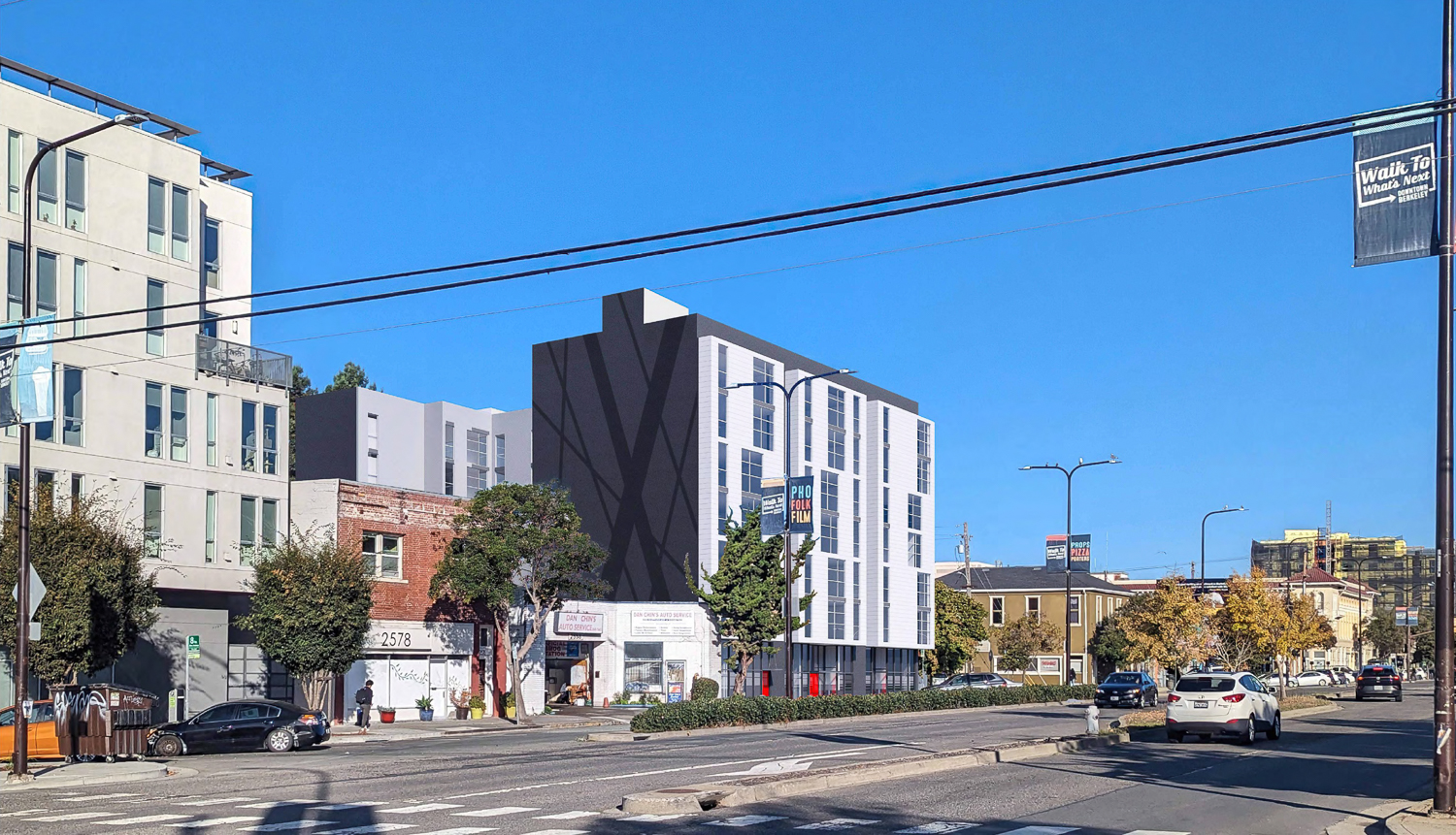 2550 Shattuck Avenue pedestrian view from across the avenue, rendering by Kava Massih Architects