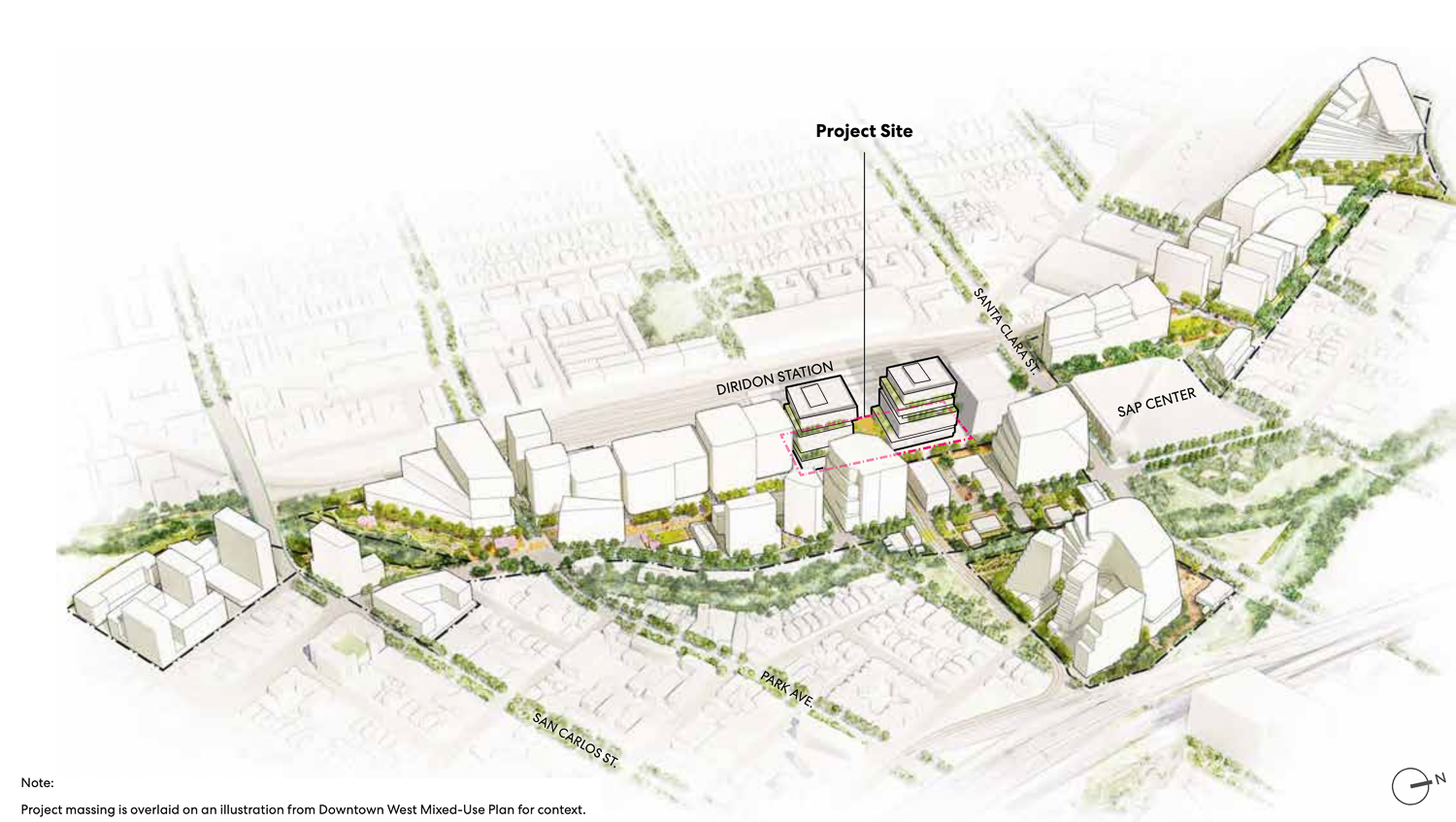 Diridon Station Plaza Towers surrounded by Downtown West masterplan, illustration via Perkins&Will