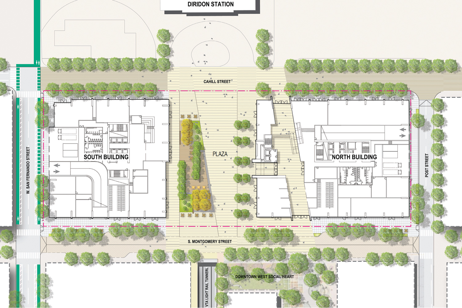 Diridon Station Plaza ground-level site map, illustration by Perkins&Will