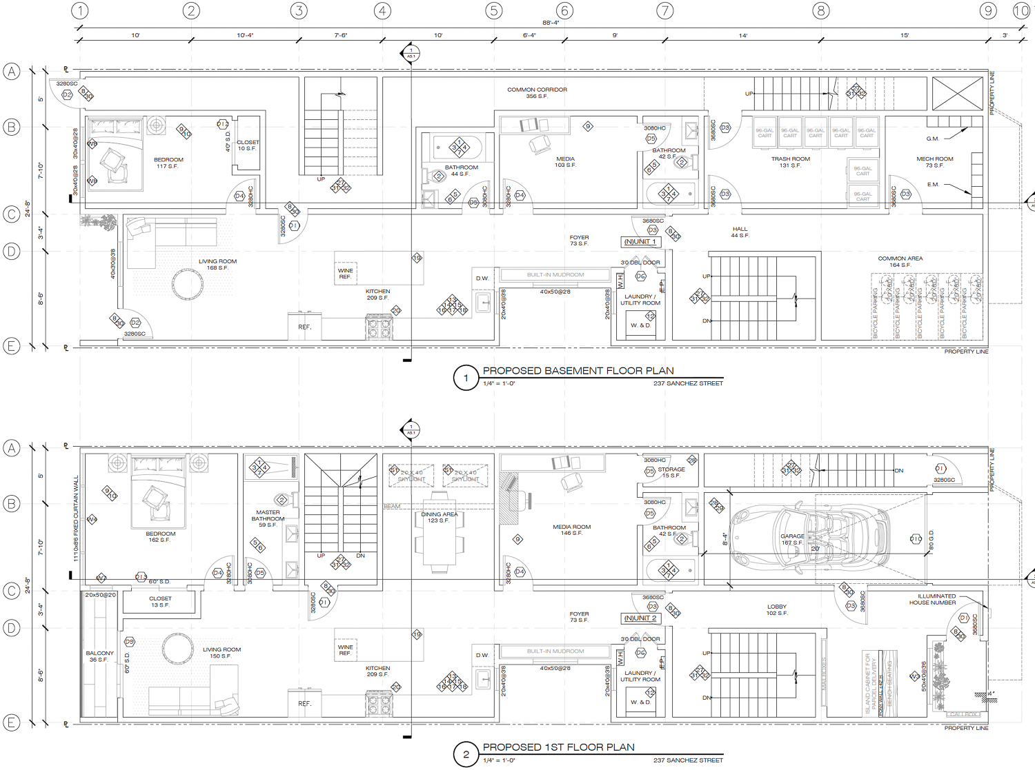 237 Sanchez Street basement and ground-level floor plans, illustration by Inncon Design