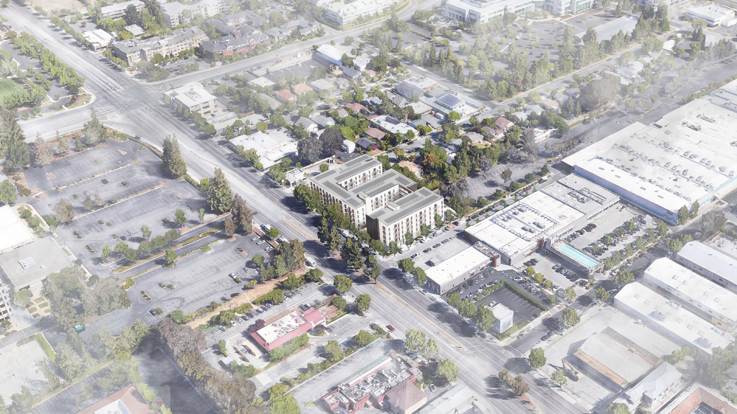 3001 El Camino Real aerial view, rendering by David Baker Architects