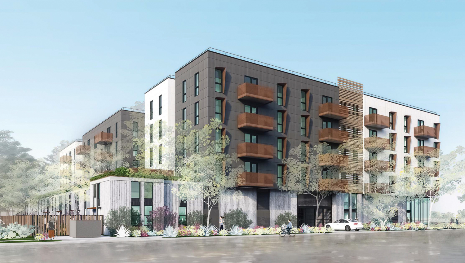 3001 El Camino Real overlooking Olive Avenue, rendering by David Baker Architects