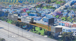 3255-3333 San Bruno Avenue aerial view looking over Highway 101, rendering by Schaub Li Architects