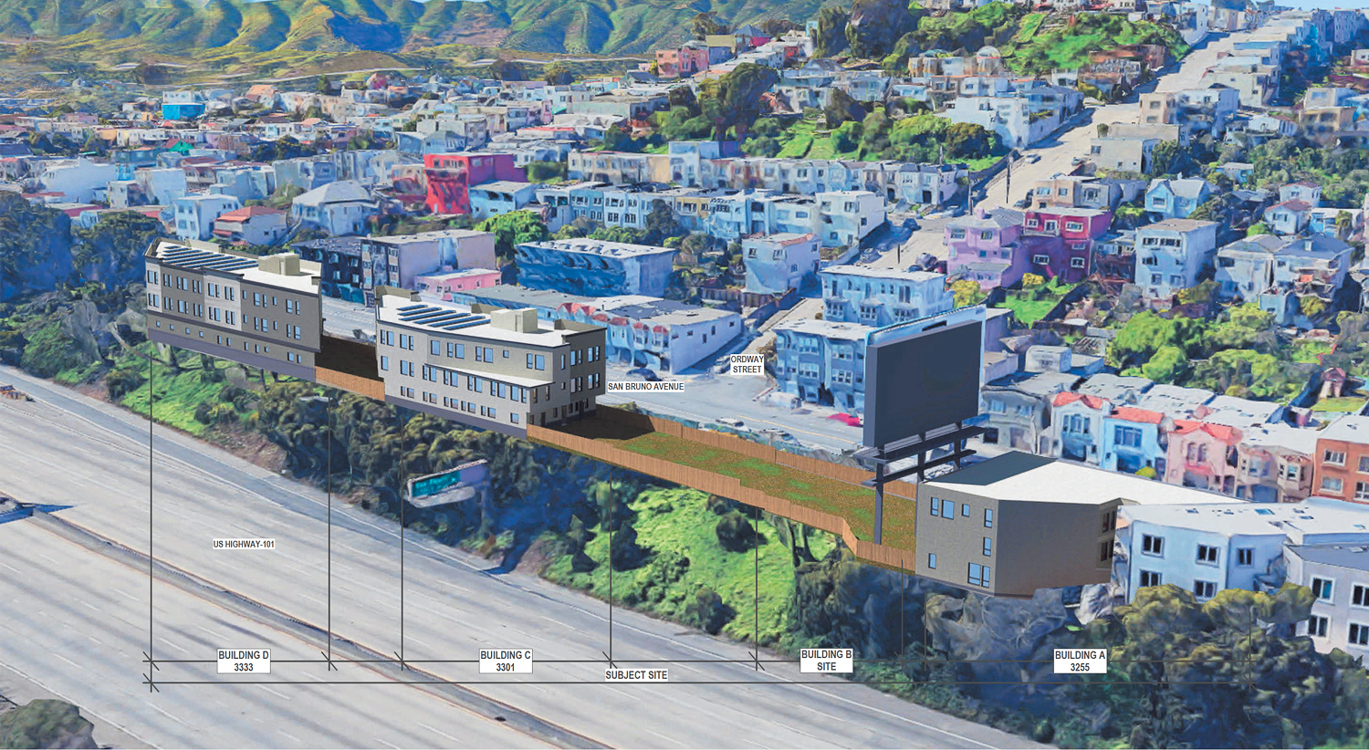 3255-3333 San Bruno Avenue aerial view looking over Highway 101, rendering by Schaub Li Architects