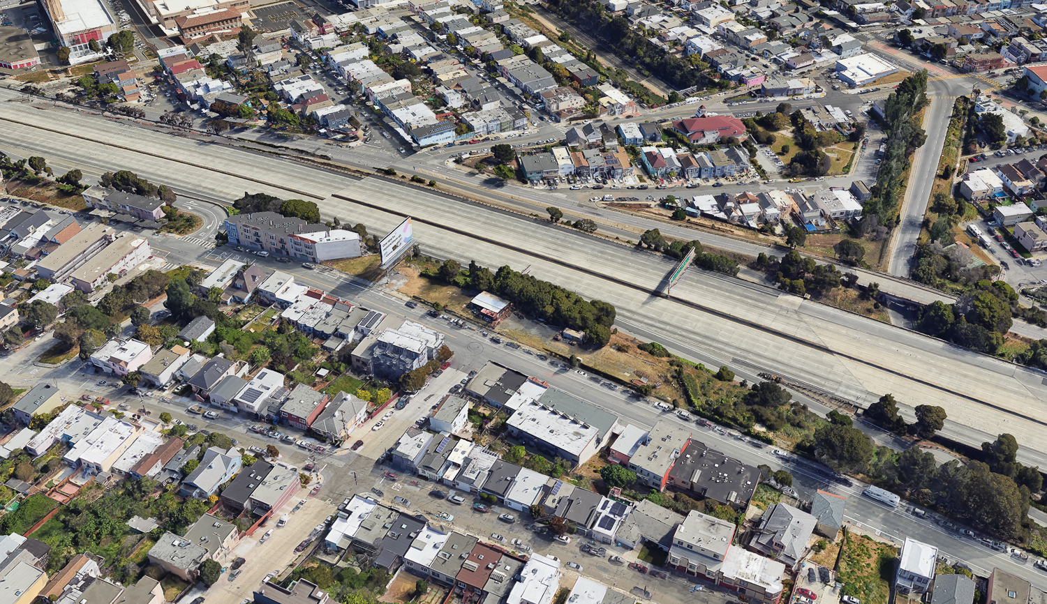 3255-3333 San Bruno Avenue aerial view looking over Highway 101, rendering by Schaub Li Archtiects