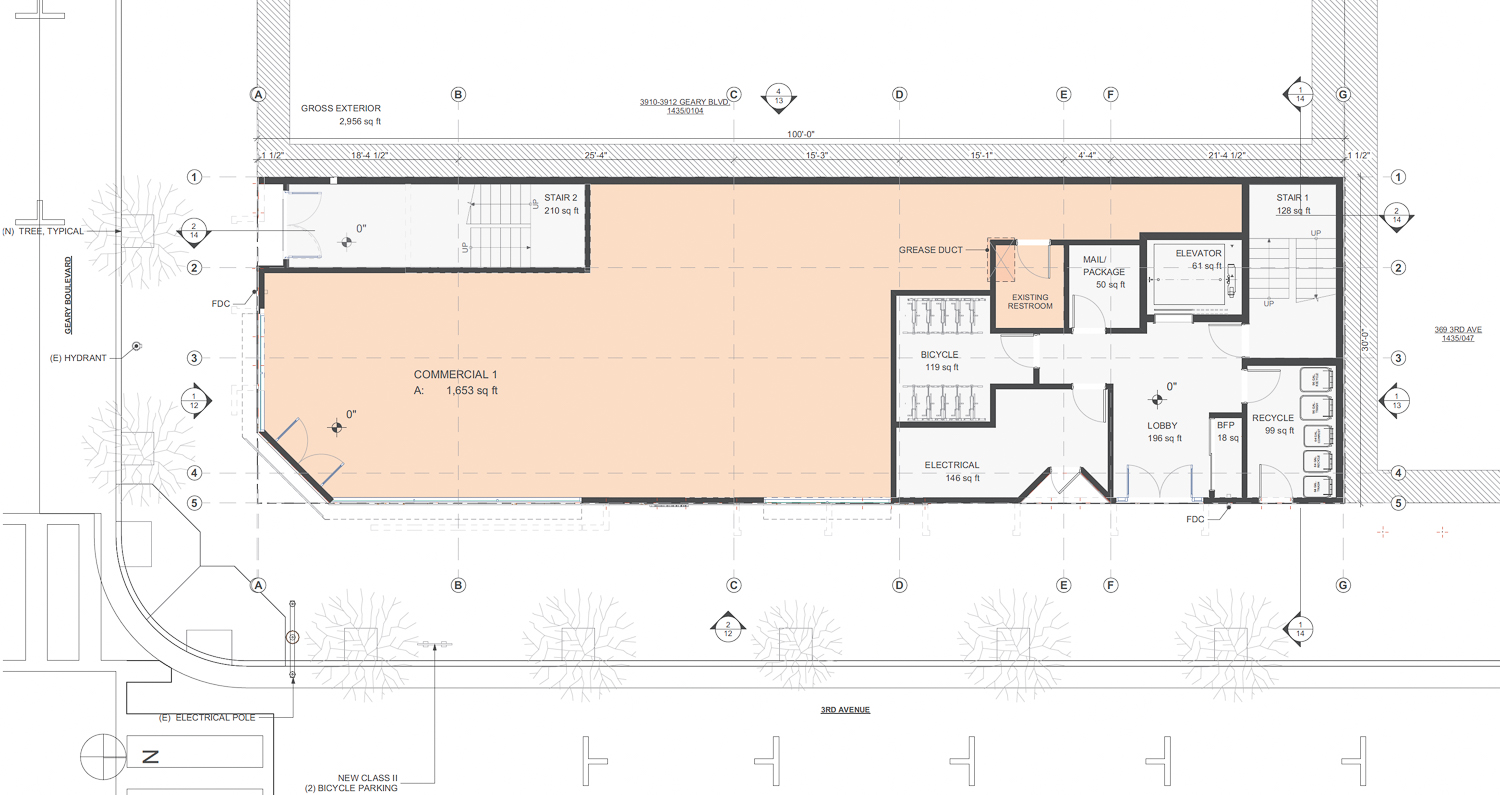 3900 Geary Boulevard ground-level floor plan, illustration by RG Architecture