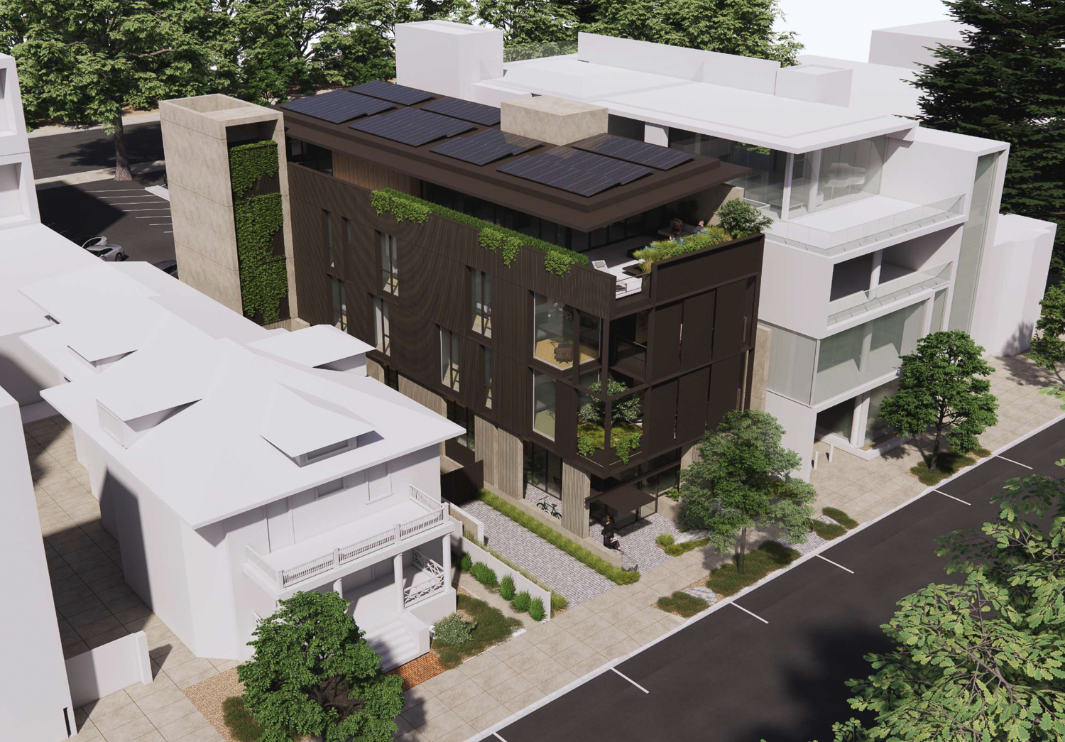 640 Waverley Street aerial view, rendering by Hayes Group Architects