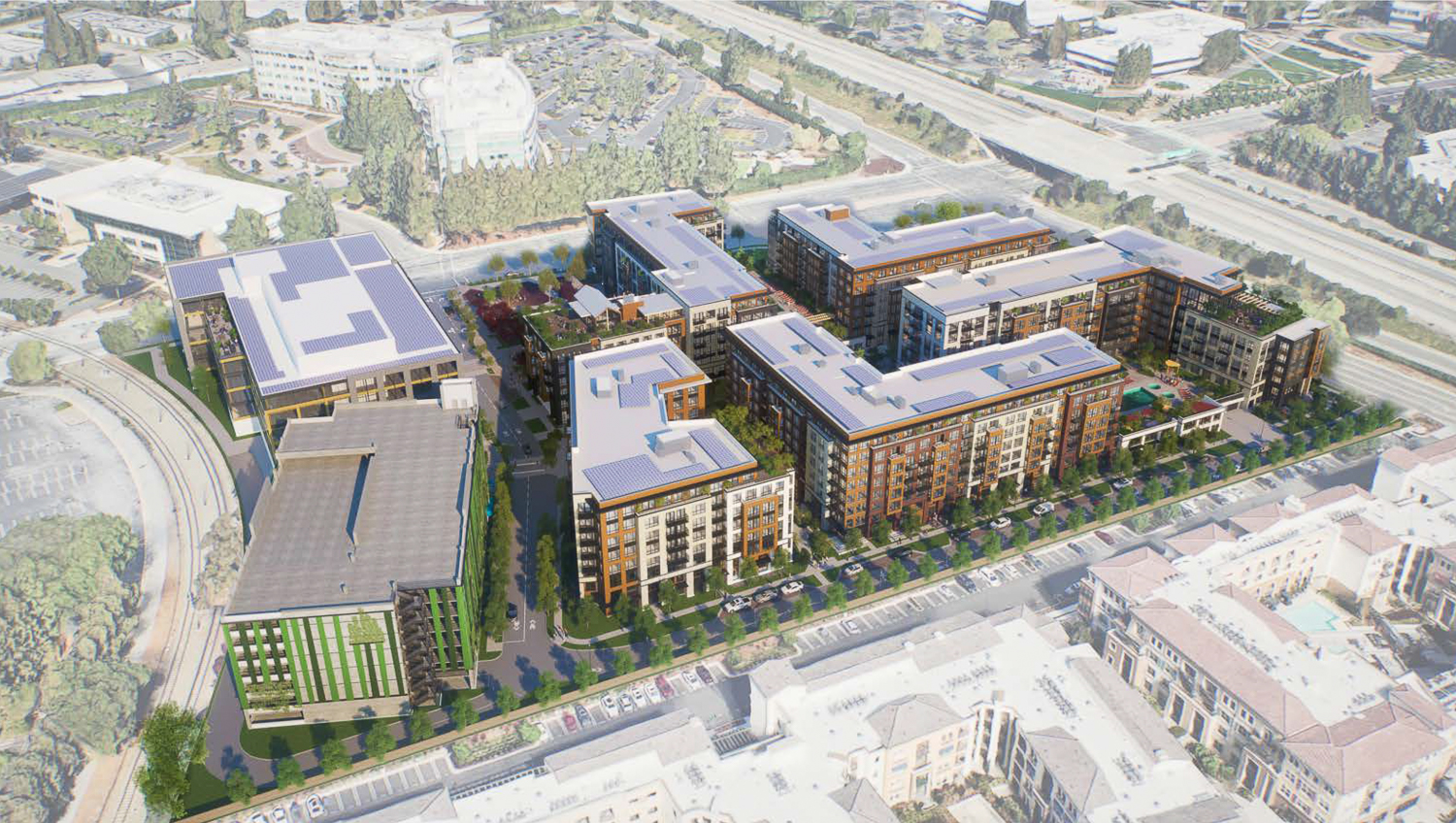 675-685 East Middlefield Road aerial overview with the light rail train tracks on the left end of the image, rendering by STUDIOS Architects