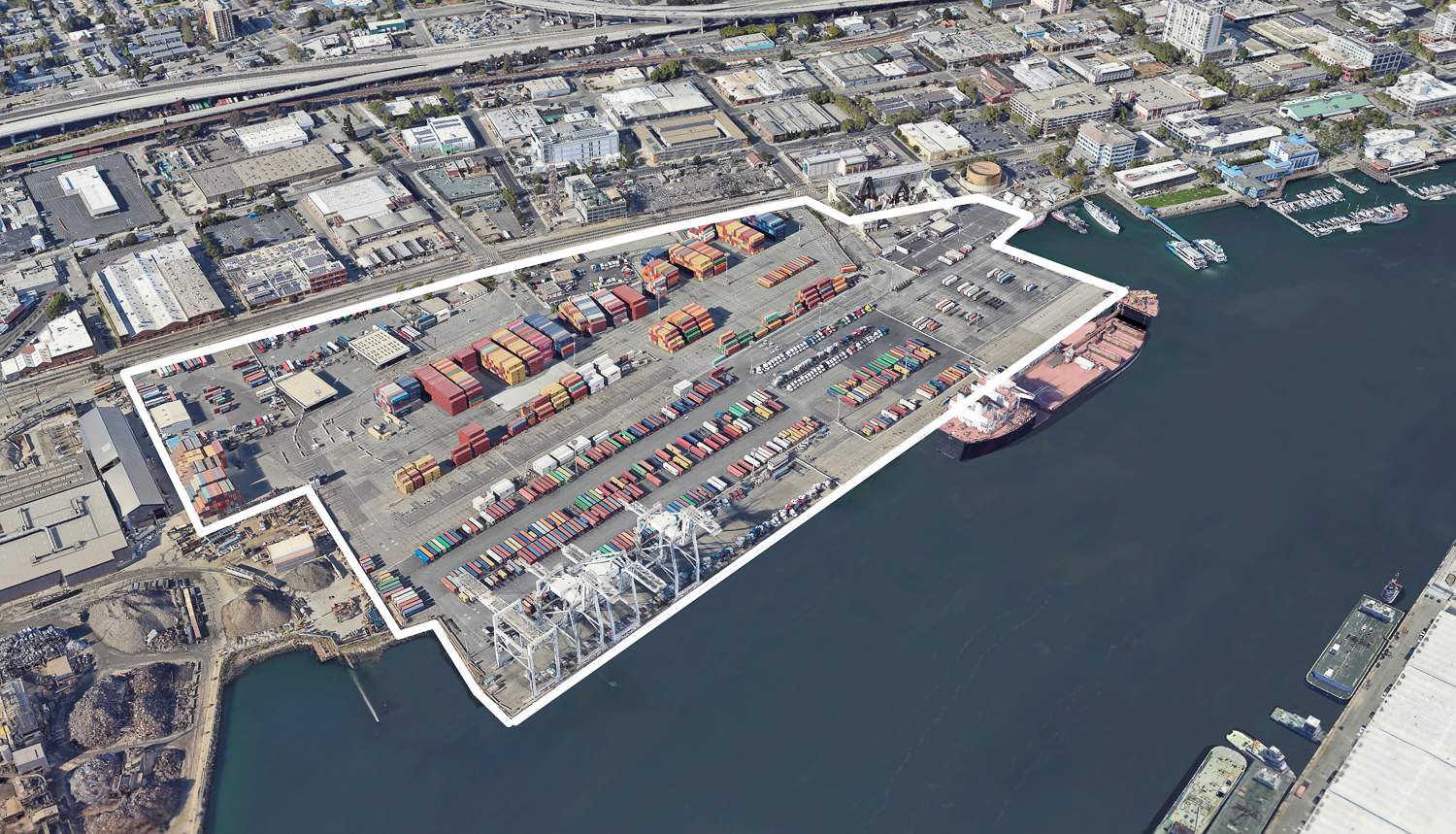 Howard Terminal site outlined approximately by YIMBY, image via Google Satellite