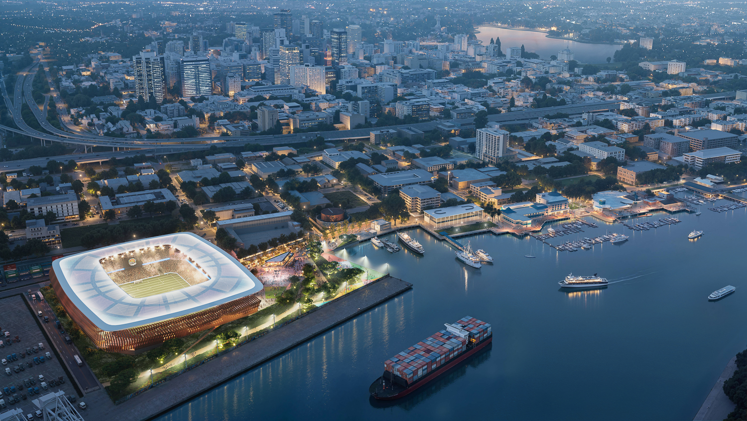 Oakland Roots and Soul SC Howard Terminal stadium aerial view, rendering by HOK