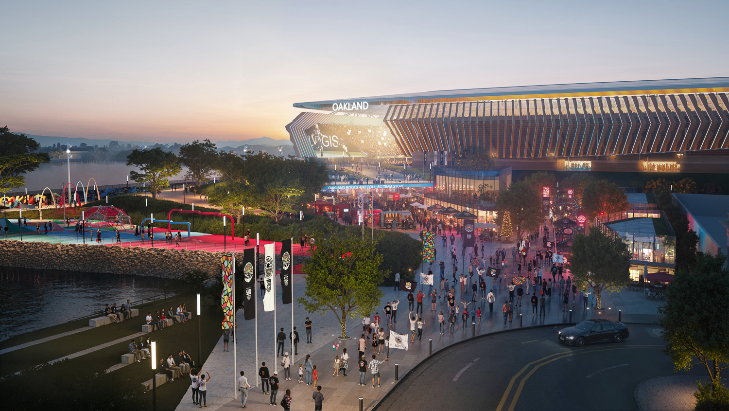 Oakland Roots and Soul SC Howard Terminal stadium fan entrance, rendering by HOK