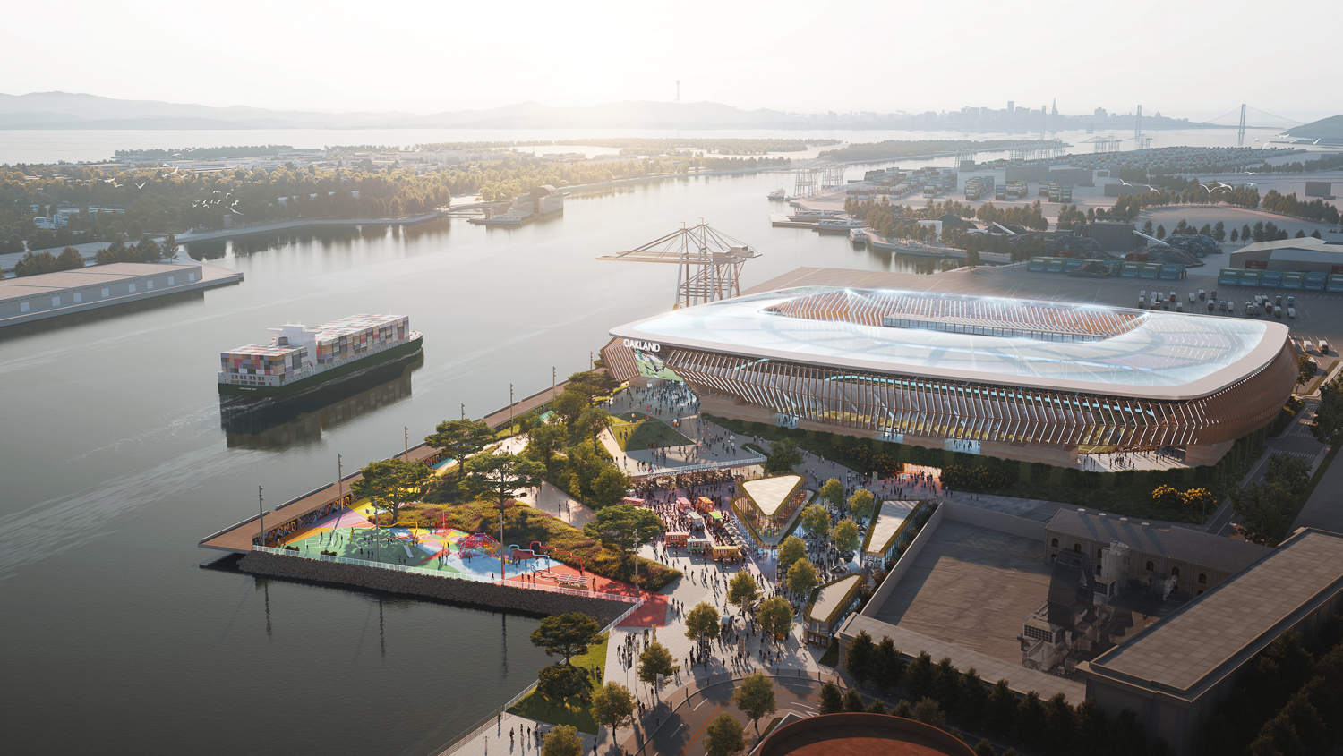 Oakland Roots and Soul SC Howard Terminal stadium harbor view, rendering by HOK