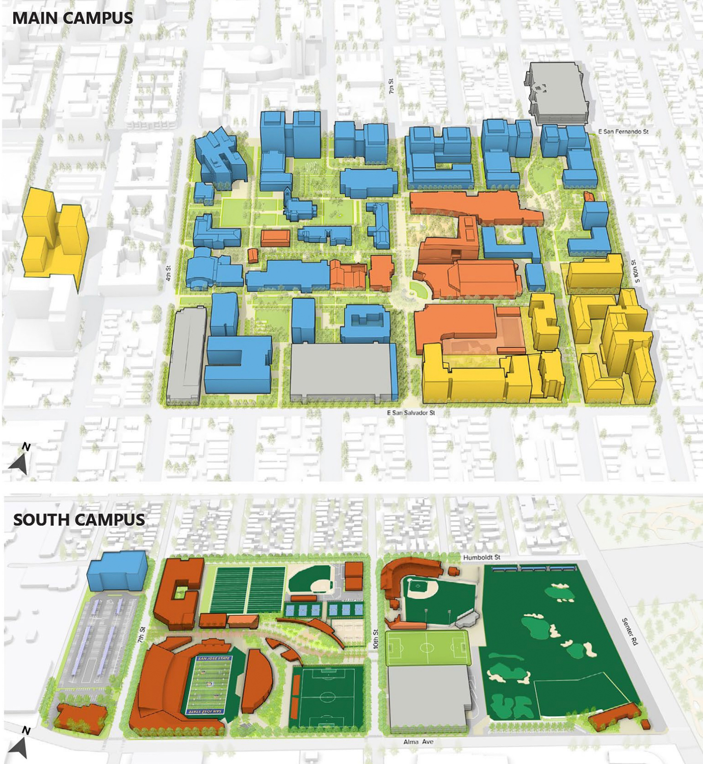 SJSU planned build-out at main campus (above) and south campus (below), rendering by SJSU