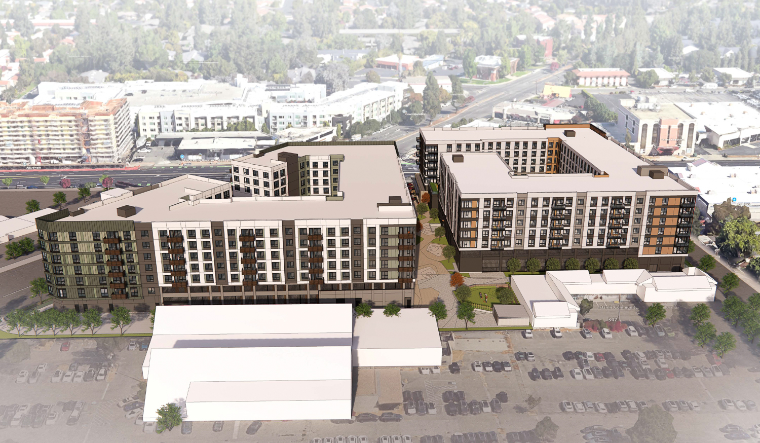 3896 Stevens Creek Boulevard aerial perspective, rendering by TCA Architects