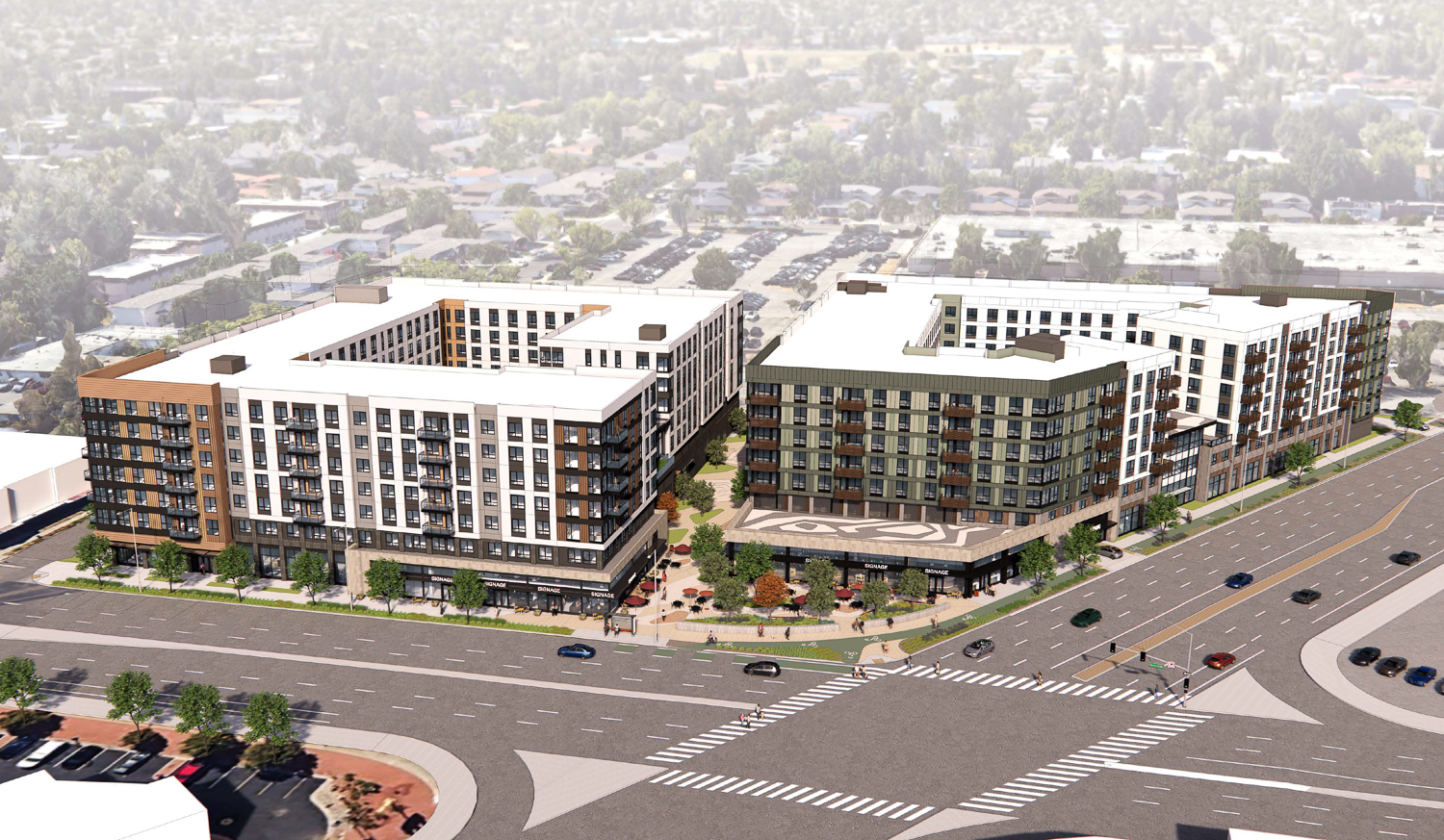 3896 Stevens Creek Boulevard birds-eye view, rendering by TCA Architects