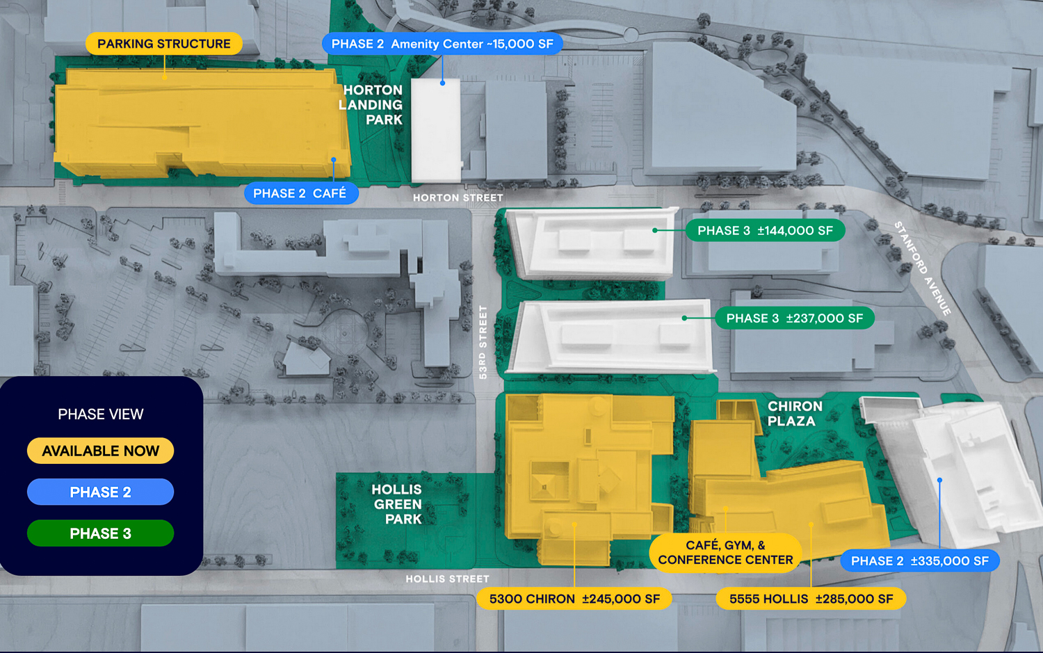 Emery Yards masterplan with completed structured highlighted in yellow, image courtesy BioMed Realty