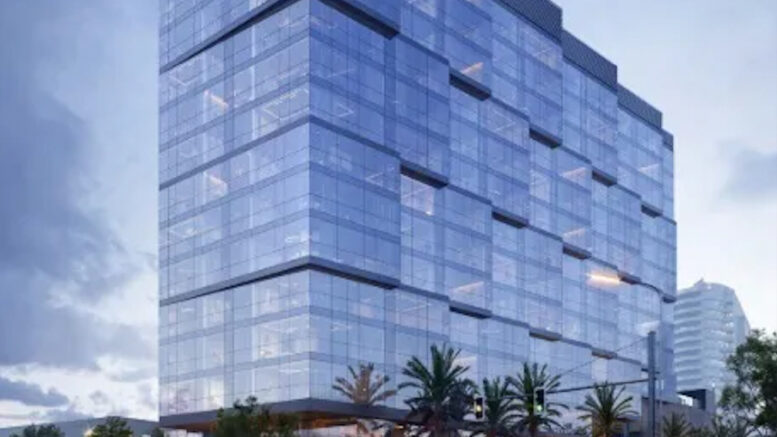 Gateway Tower evening view, rendering by DLR Group