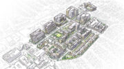 Hillsdale Mall Redevelopment aerial overview, illustration by HOK and Gehl Studio