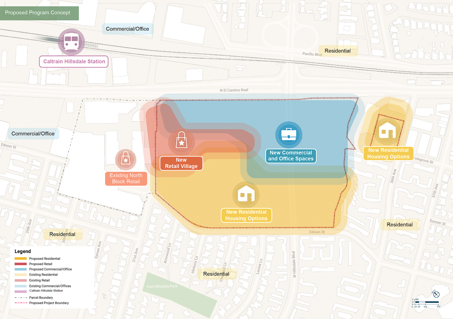 Hillsdale Mall Redevelopment programming vision, illustration by HOK and Gehl Studio