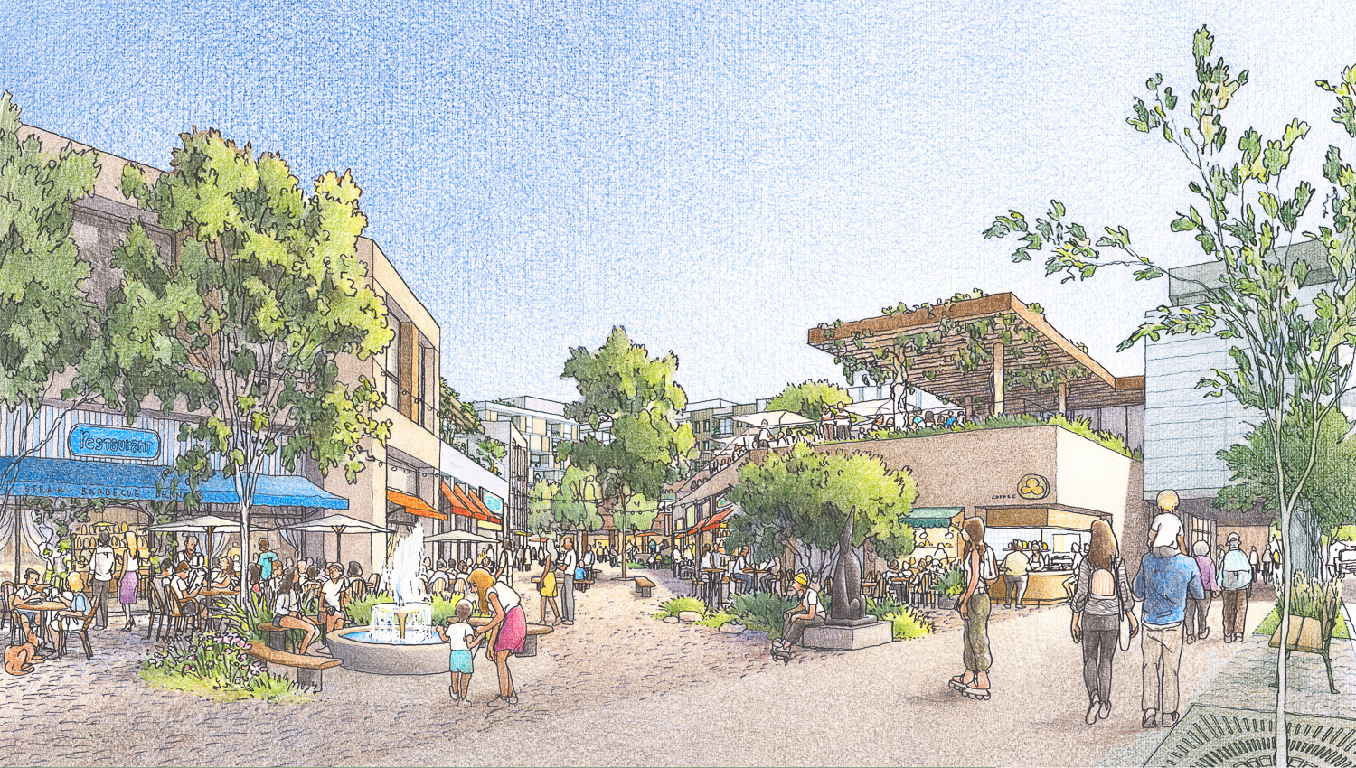 Hillsdale Mall Redevelopment retail village pedestrian view, illustration by HOK and Gehl Studio