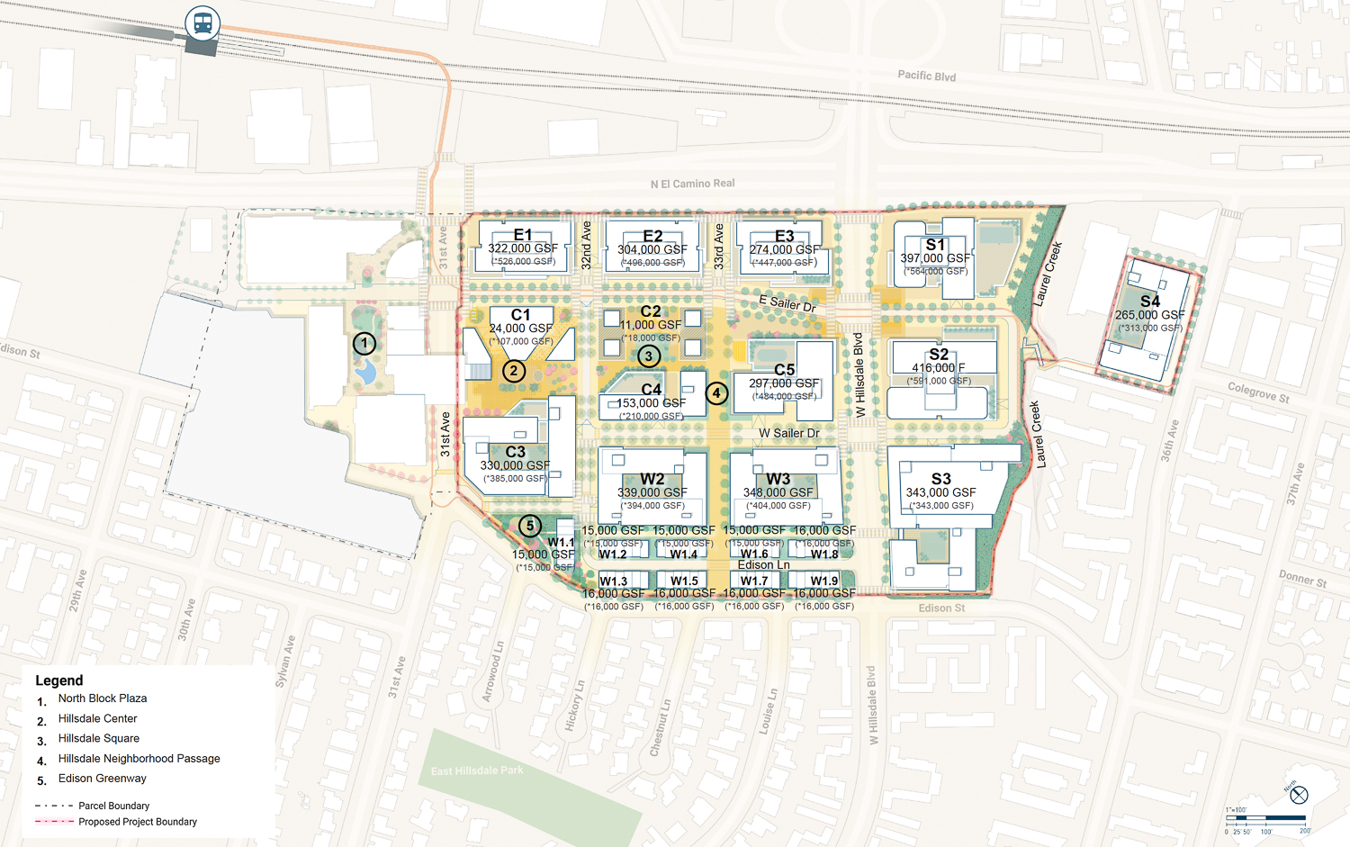 Hillsdale Mall Redevelopment site map, illustration by HOK and Gehl Studio