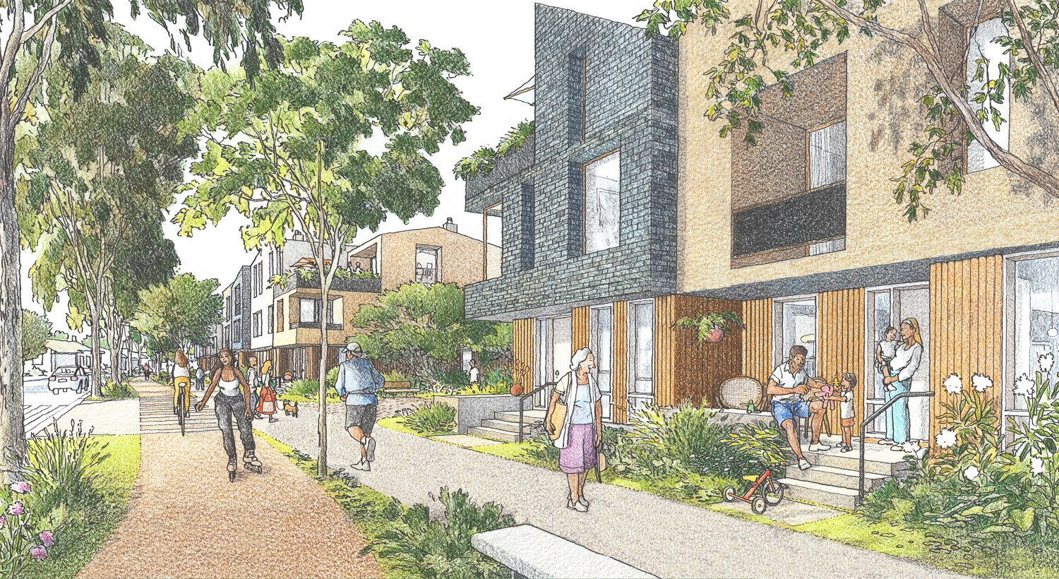 Hillsdale Mall Redevelopment townhouses overlooking the Edison Greenway, illustration by HOK and Gehl Studio