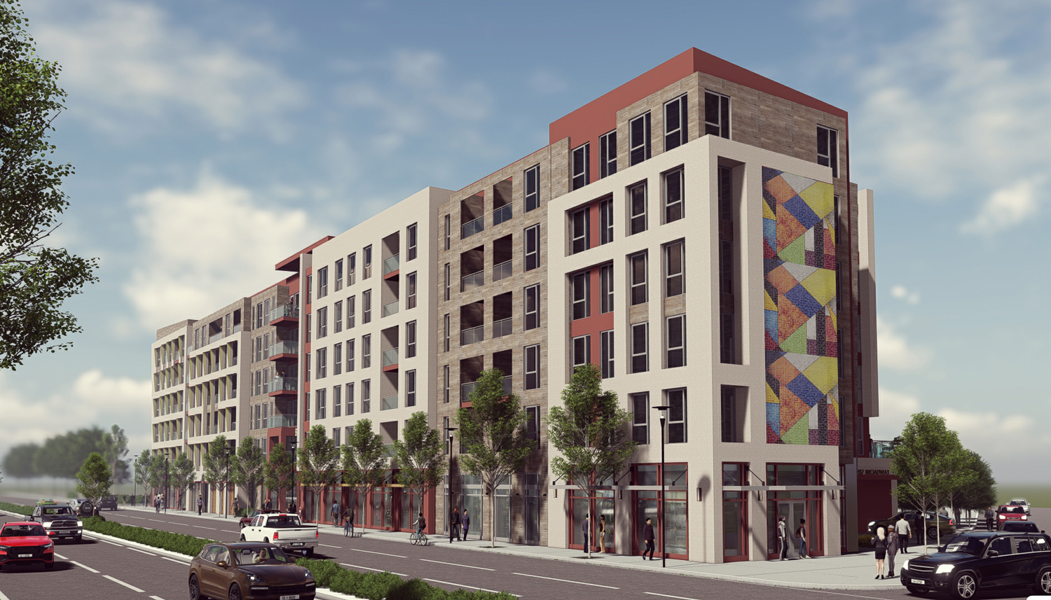 4207 Broadway showcasing a placeholder mural, rendering by AO