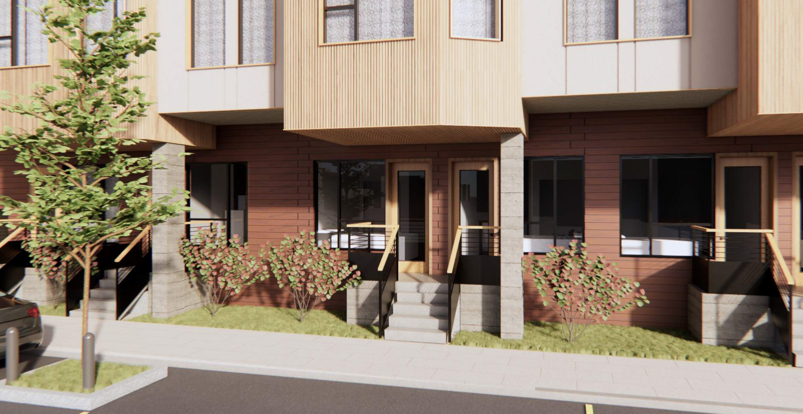 465-477 Grove Street apartment stoop along Ivy Street, rendering by Stanton Architecture