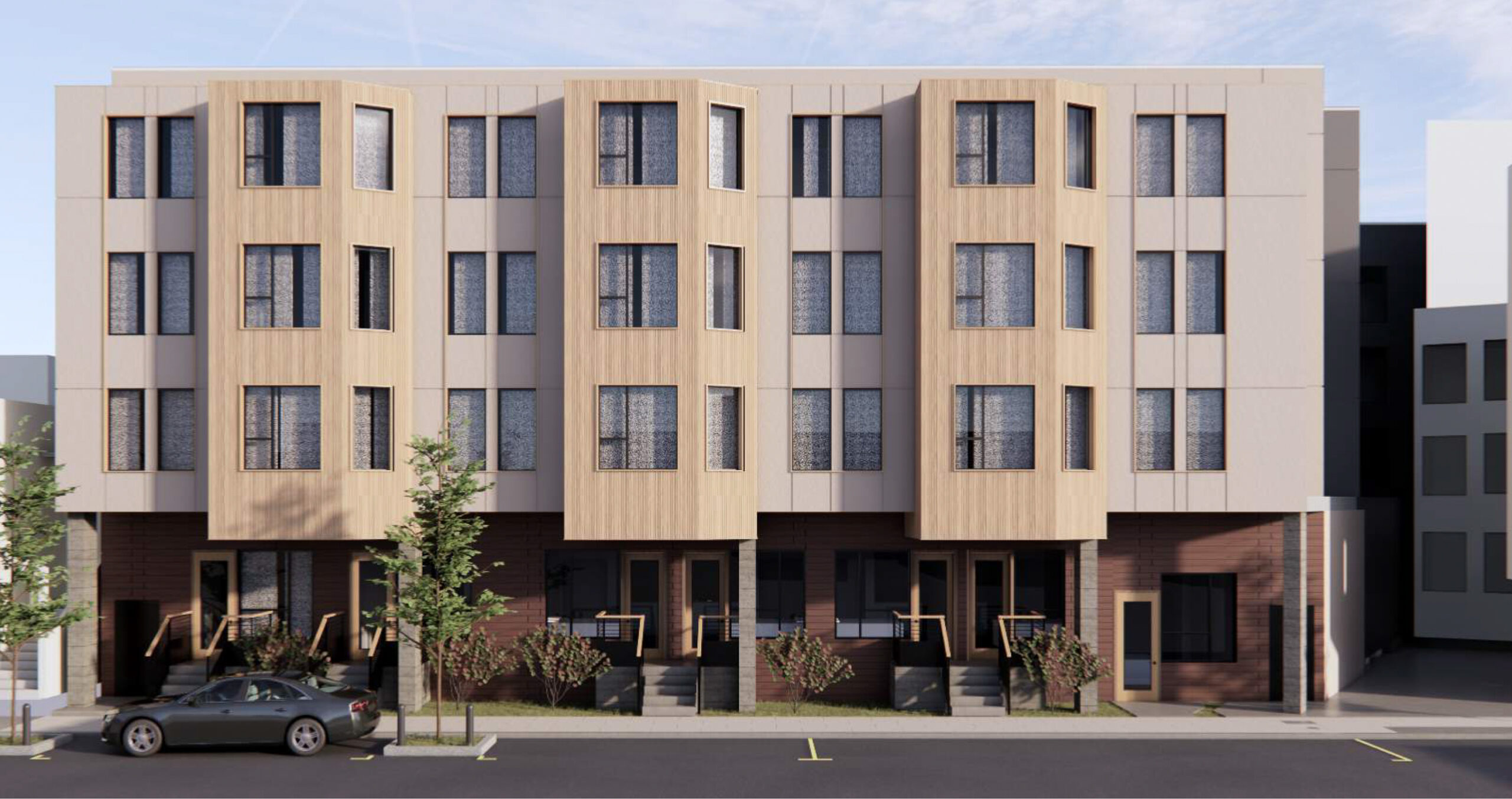 465-477 Grove Street showing the residential stoops along Ivy Street, rendering by Stanton Architecture