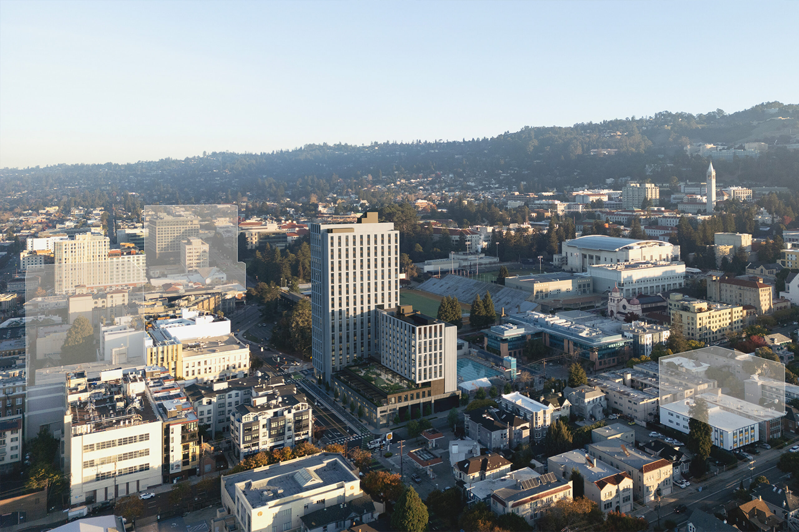 Bancroft-Fulton Student Housing aerial view, rendering by KieranTimberlake