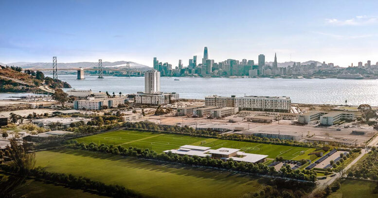 Bay FC’s Treasure Island Training Facility aerial view, rendering by Olson Kundig