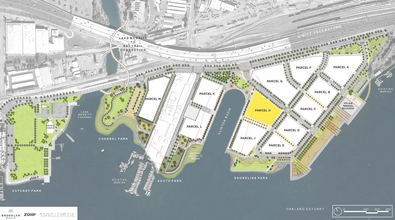 Brooklyn Basin site map with Parcel H highlighted in yellow, illustration by TCA