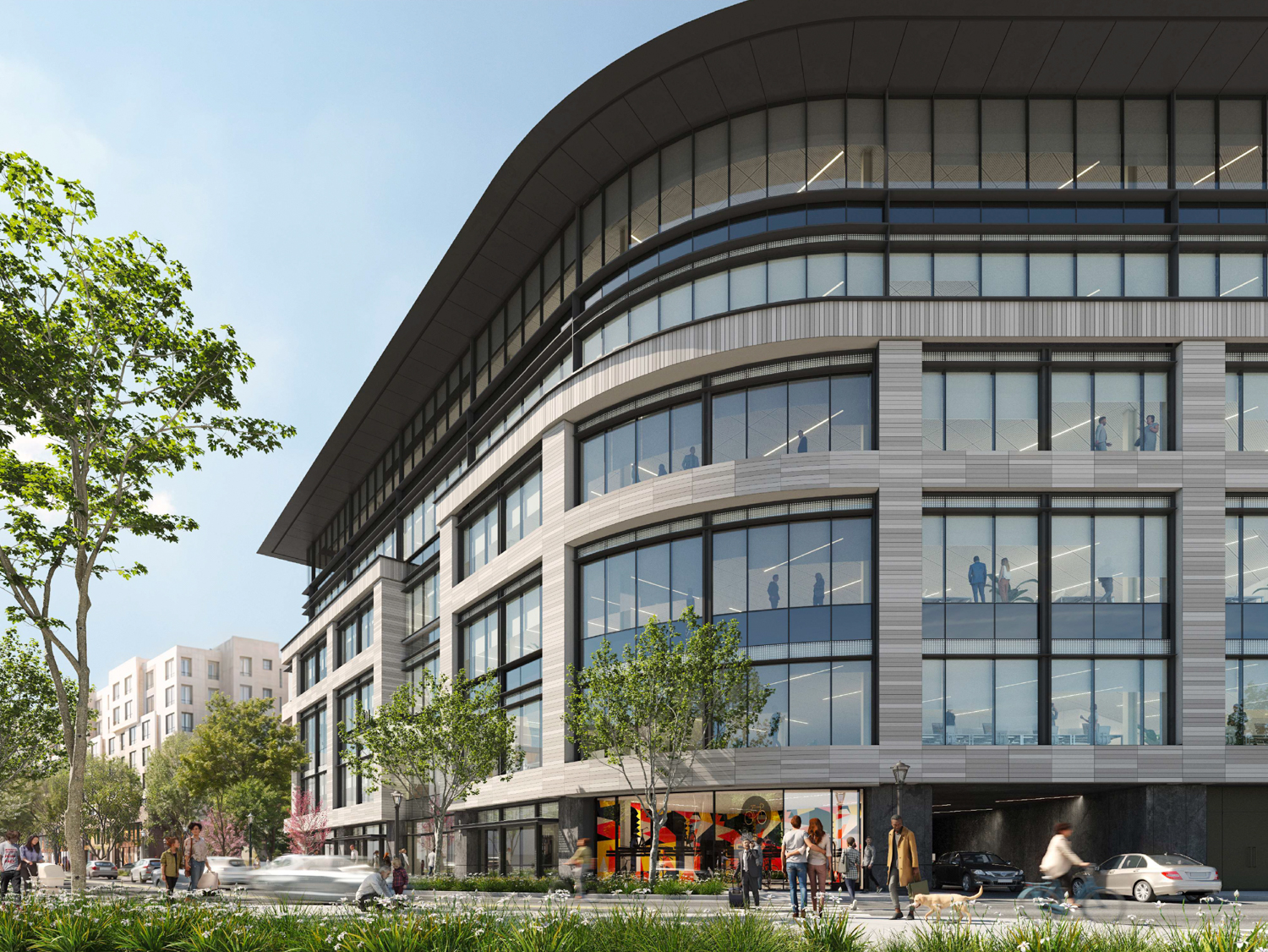 901 El Camino Real rounded corner feature over Franklin Street, rendering by HGA