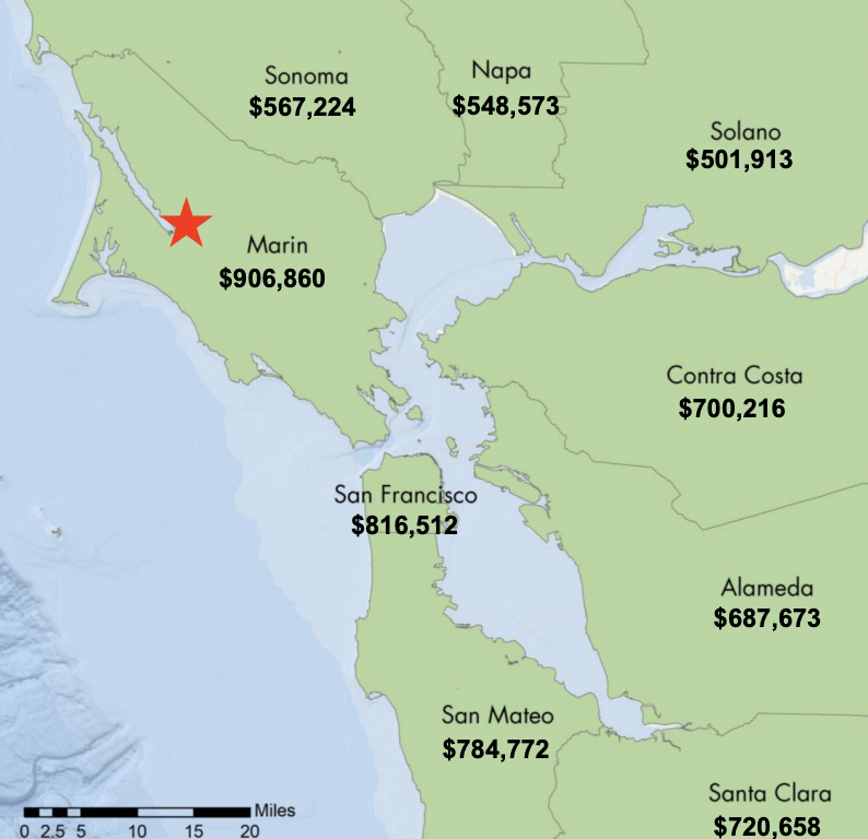 Bay Area Housing Price by County with 100 Commodore Webster Drive Marked, image from MCCDA edited by Gabriel Clark-Clough