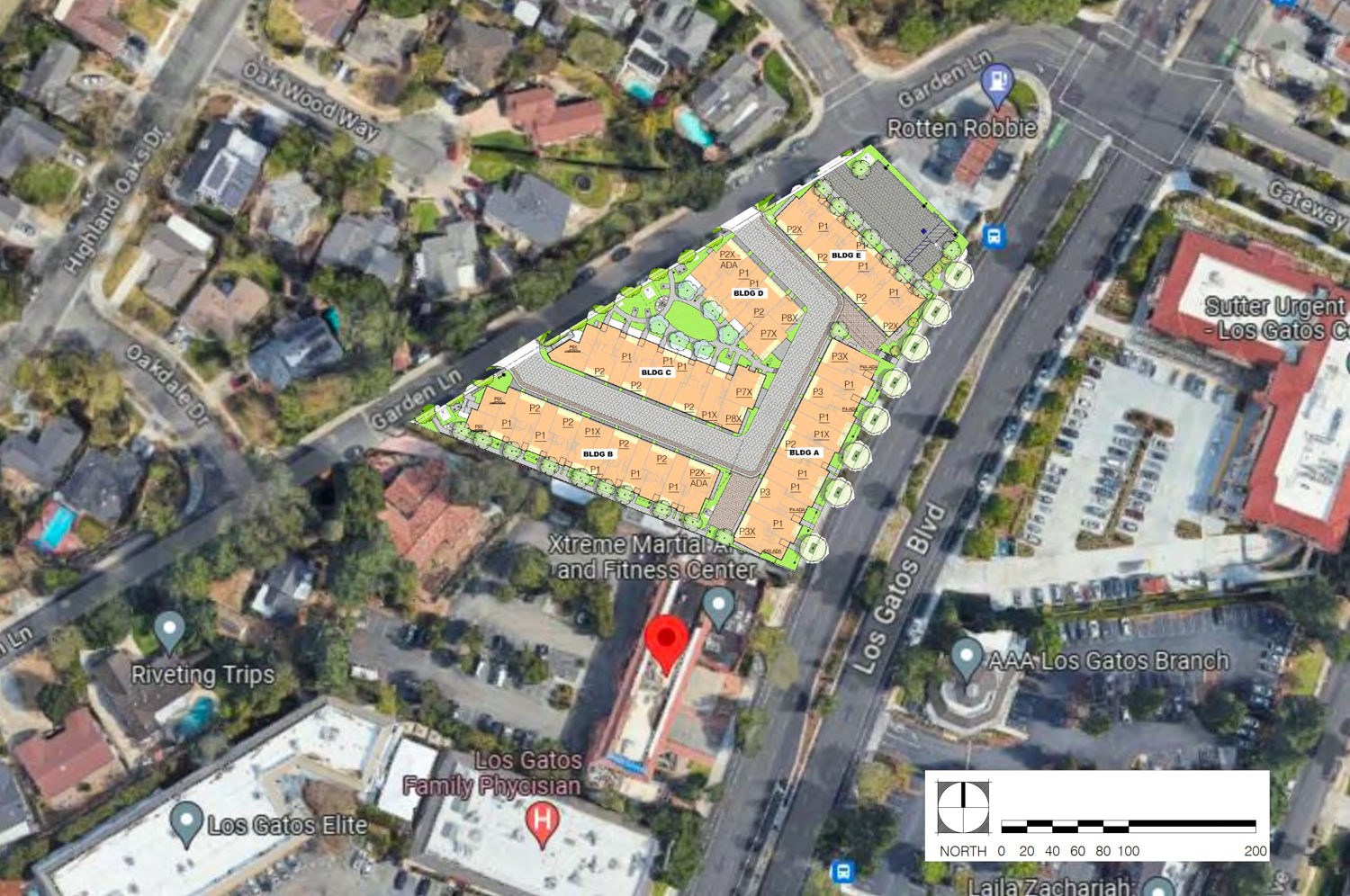 Los Gatos Greens at 15349 Los Gatos Boulevard site map, illustration by Hunt Hale Jones