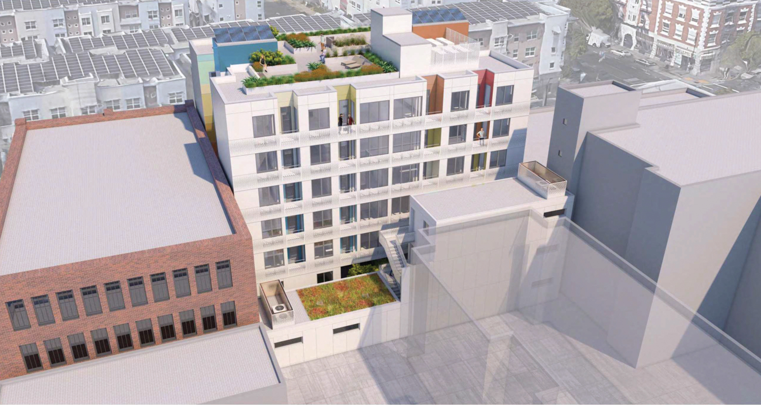 1721 15th Street aerial perspective showcasing the rear-yard dwellings, rendering via the City Planning Department