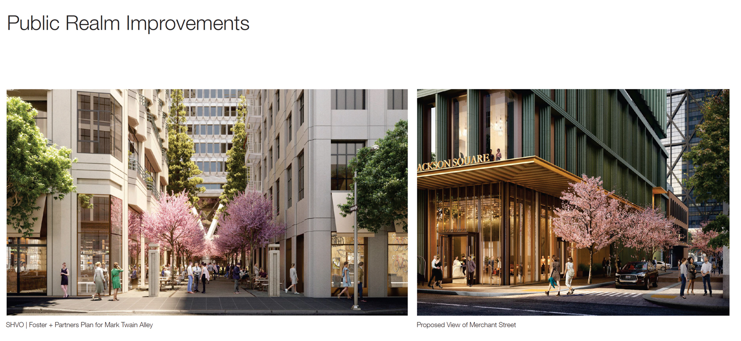 530 Sansome Street mid-block alley design in comparison with the Transamerica Pyramid redesign of Mark Twain Alley,