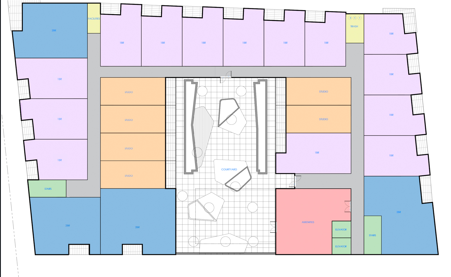 788 San Antonio Road third-level floor plan showing the podium-top courtyard, illustration by Studio S Squared