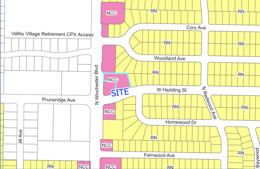 826 North Winchester Avenue Site Location with Current Zoning Designations Denoted by Yellow as Residential and Pink as Community Commercial, image via San Jose Planning