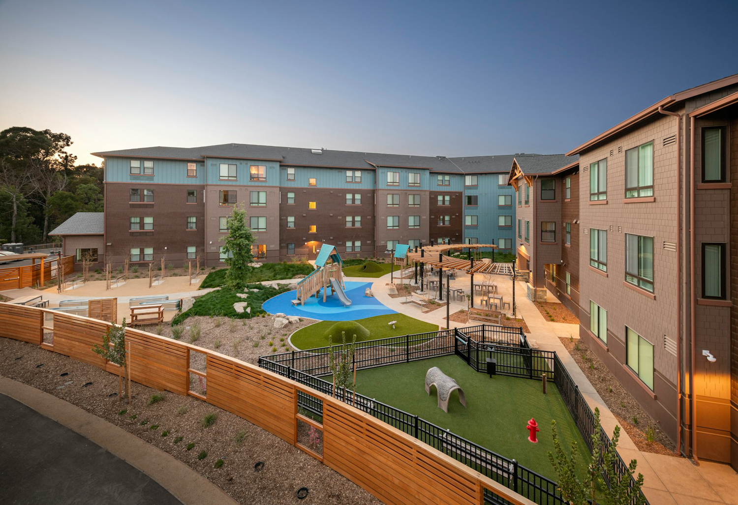 Crescent Grove view overlooking the outdoor courtyard, image courtesy Eden Housing