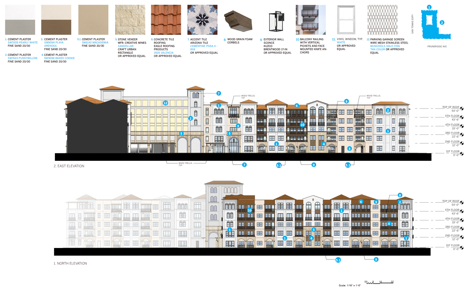 Greens at Pruneridge facade view with exterior materials listed, elevation by LPAS