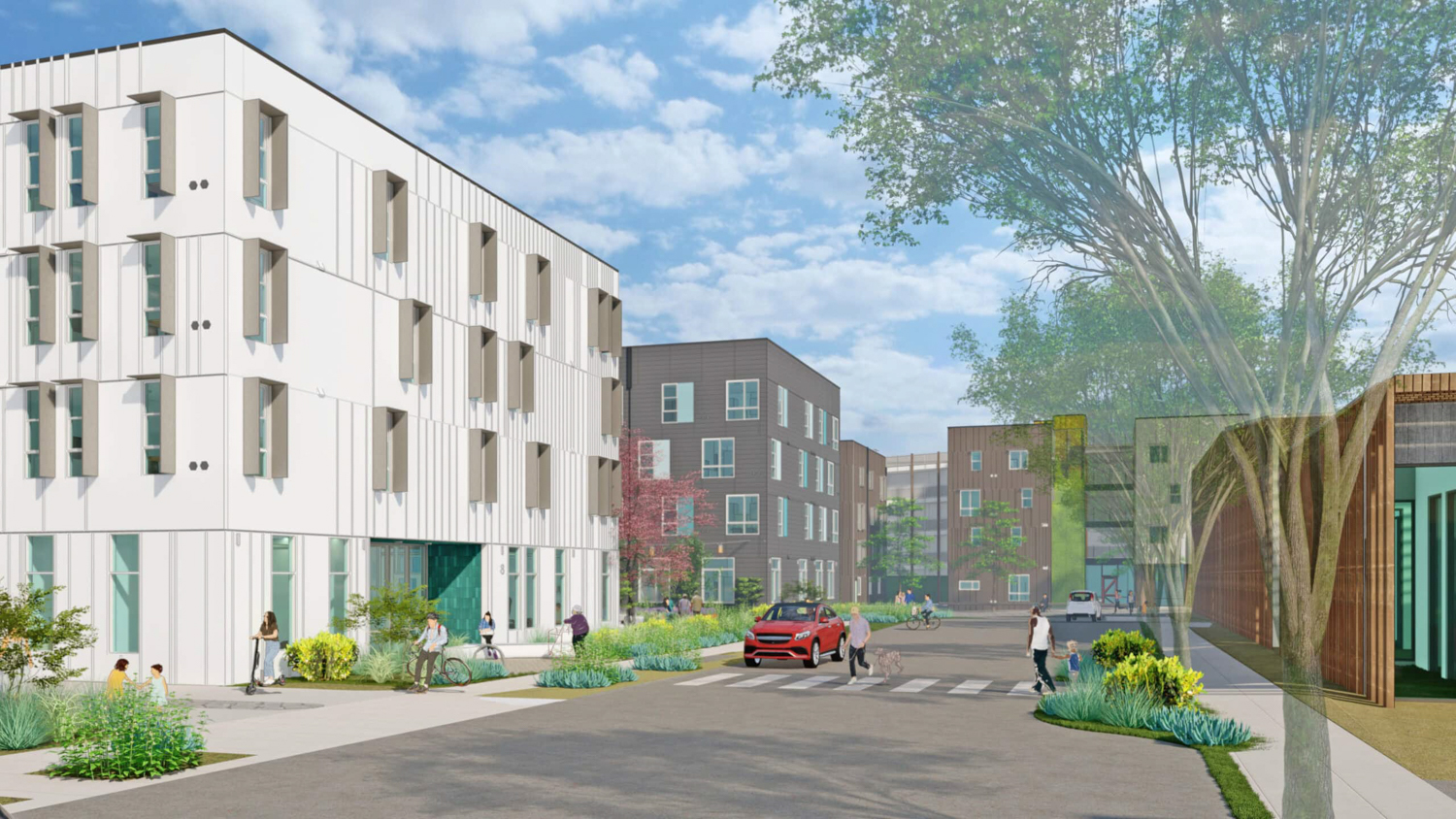 Midway Village 2 street view, rendering by David Baker Architects