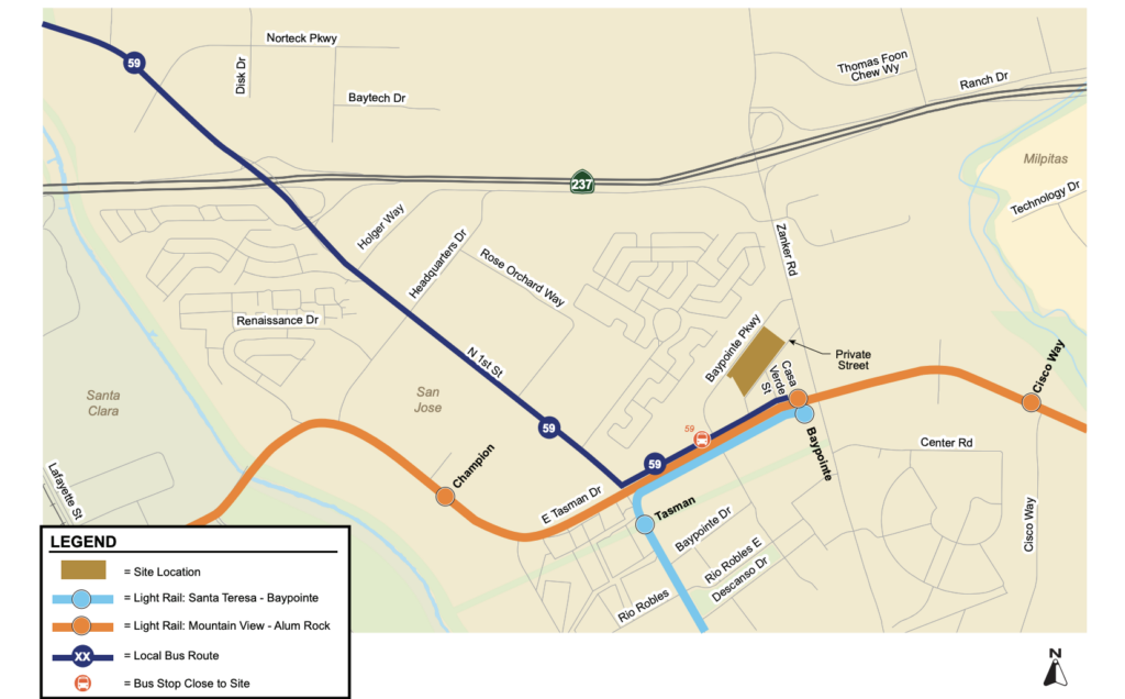 Partial North San Jose Transportation Map with 210 Baypointe Parkway Marked in Brown, image by Hexagon Transportation Consultants