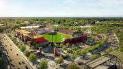 Sacramento Railyards Stadium aerial view, rendering by MANICA Architects