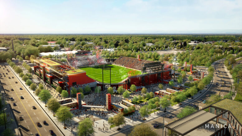 Sacramento Railyards Stadium aerial view, rendering by MANICA Architects